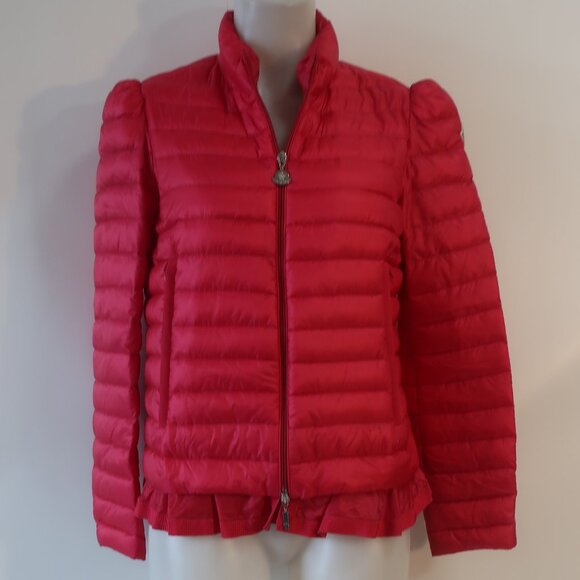 Womens Moncler Fuchsia Aminta Giubbotto Real Down Peplum Hem Zip Jacket 2 US/M - Picture 1 of 16